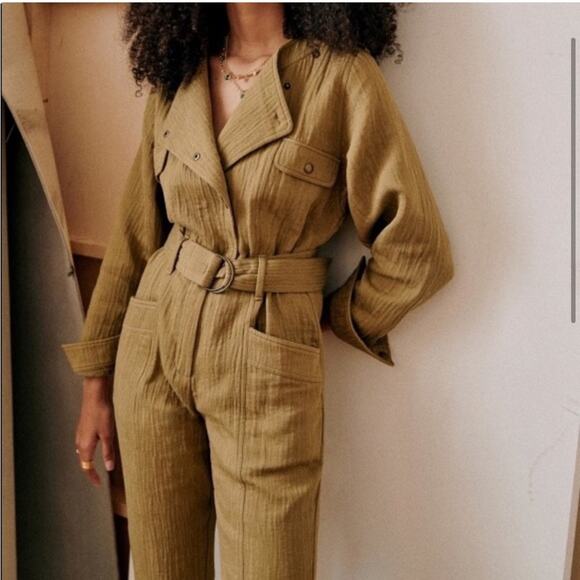 NWT Sezane Quilted Linen Cotton Hailey Jumpsuit in Olive Khaki - Size 34 (US 2) - Picture 2 of 10
